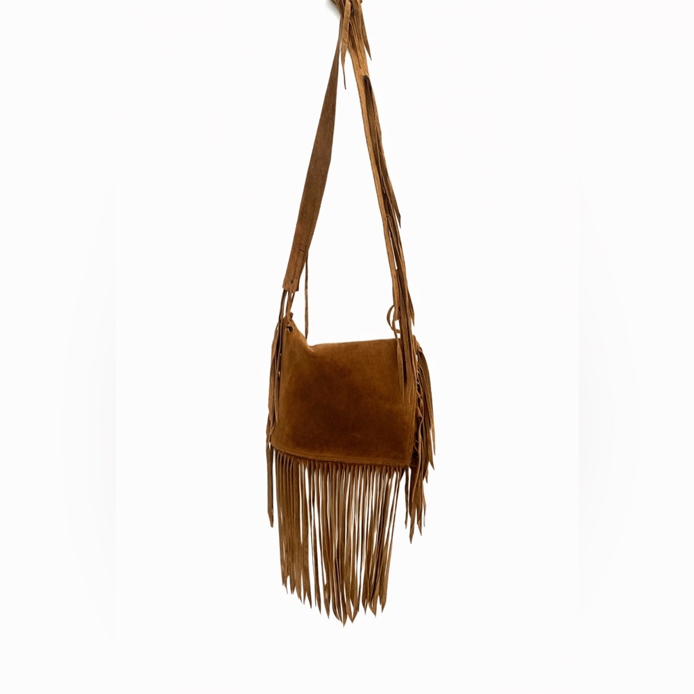 Suede Fringe Crossbody Bag in Tan With Adjustable Straps - Picture 5 of 7